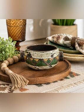 Signed Yvonne Paul Studio Pottery Bowl Artisan Ceramic Green Rustic Dish